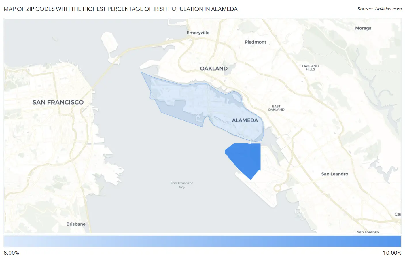 Zip Codes with the Highest Percentage of Irish Population in Alameda Map