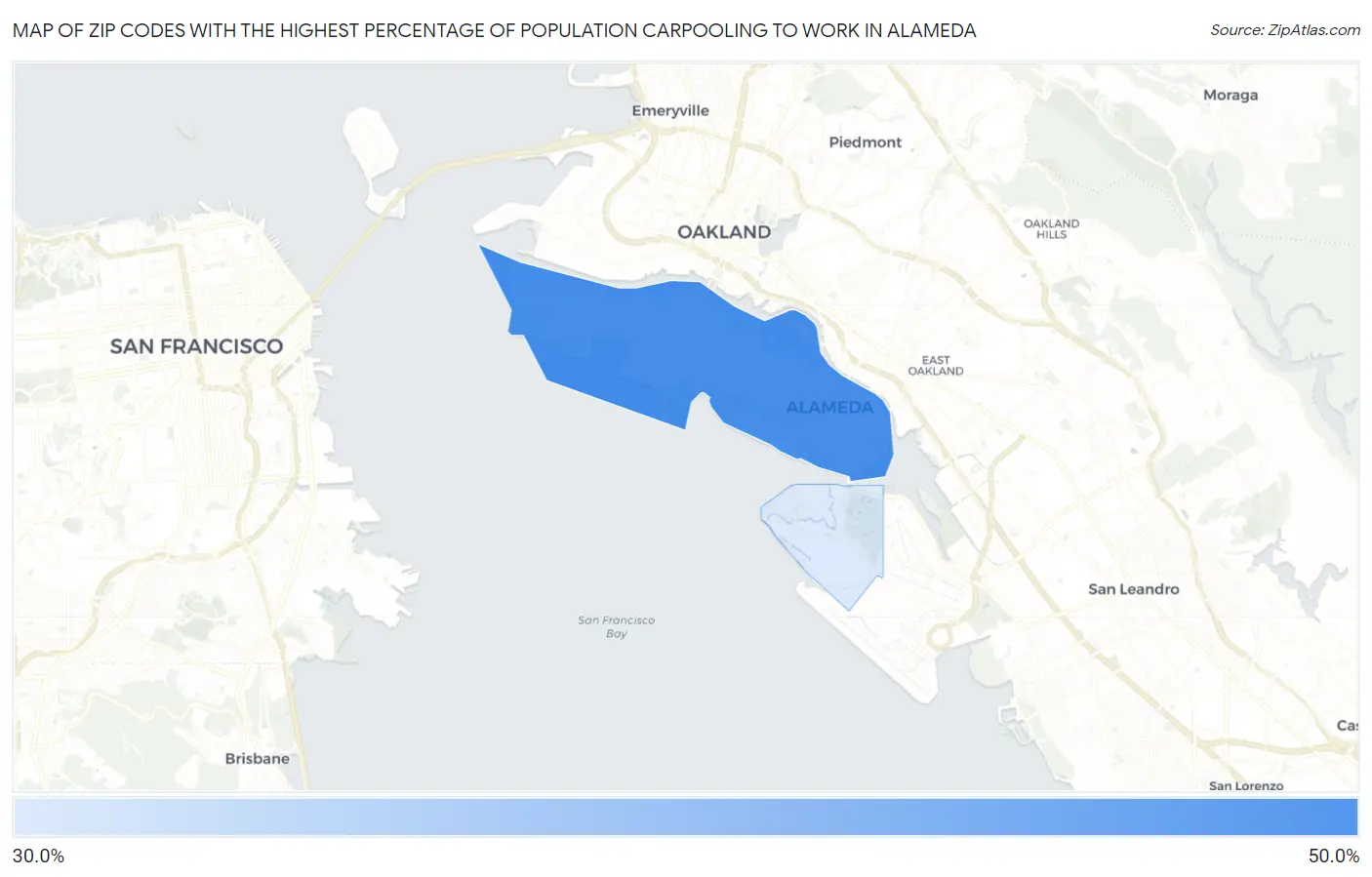 Zip Codes with the Highest Percentage of Population Carpooling to Work in Alameda Map
