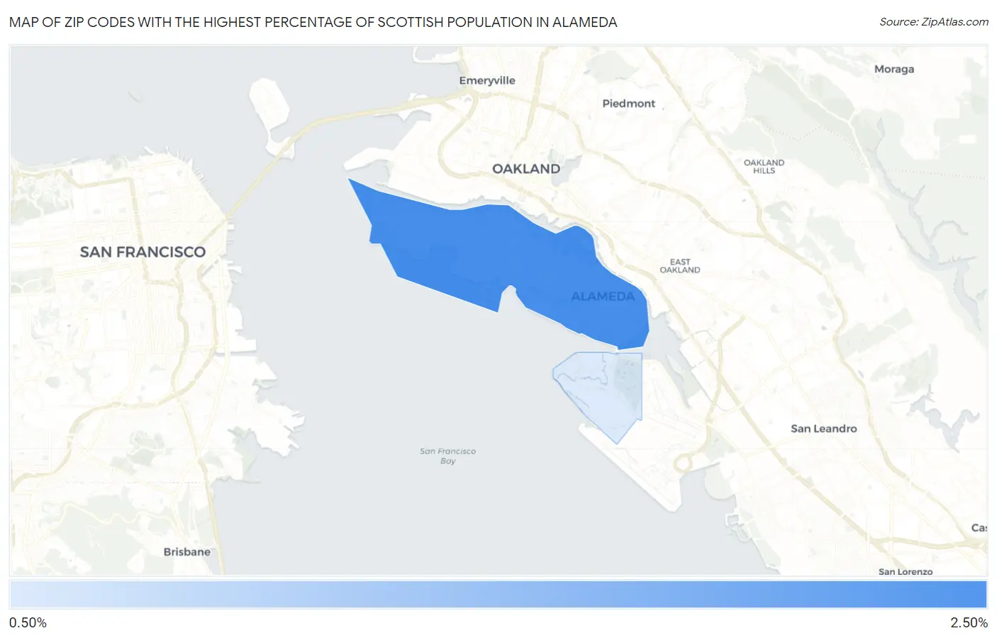 Zip Codes with the Highest Percentage of Scottish Population in Alameda Map