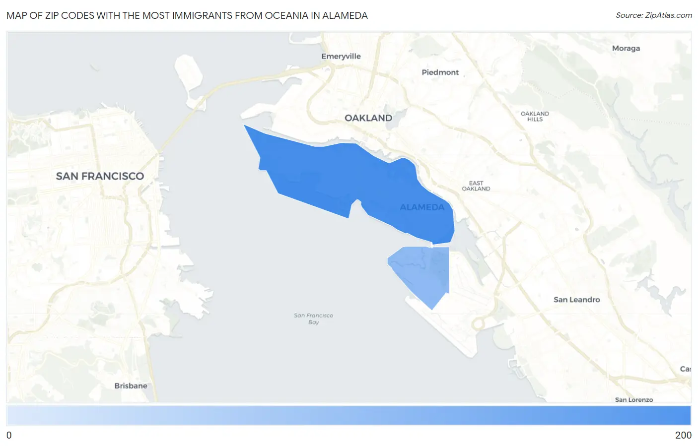 Zip Codes with the Most Immigrants from Oceania in Alameda Map
