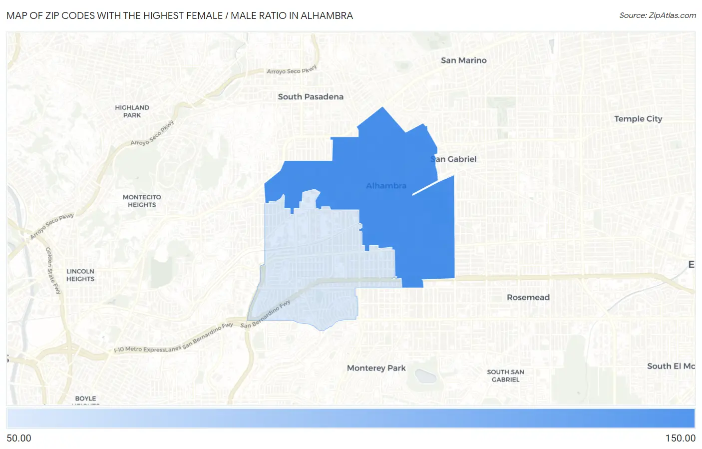 Zip Codes with the Highest Female / Male Ratio in Alhambra Map