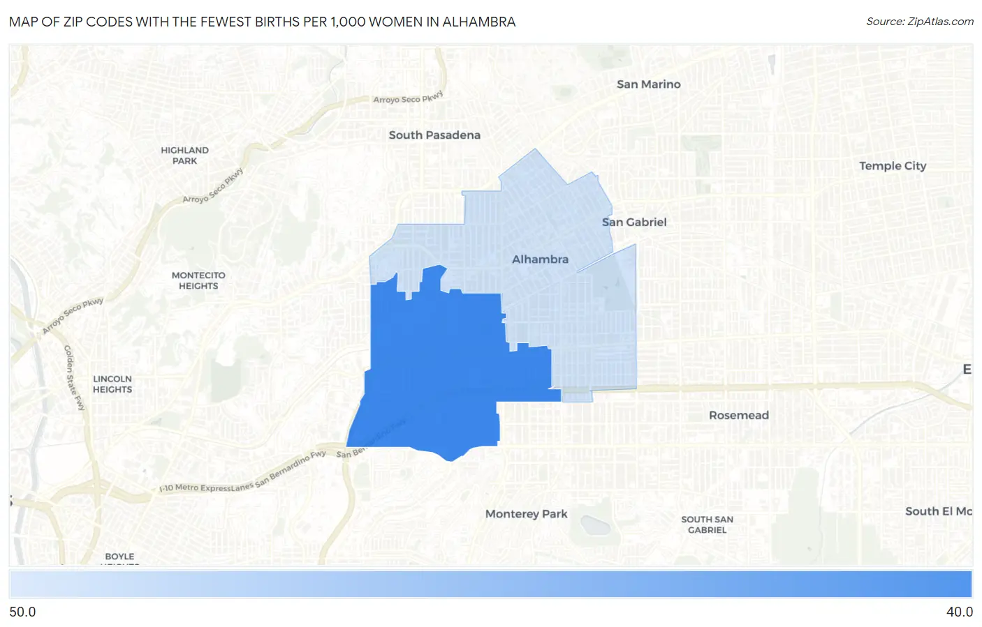 Zip Codes with the Fewest Births per 1,000 Women in Alhambra Map