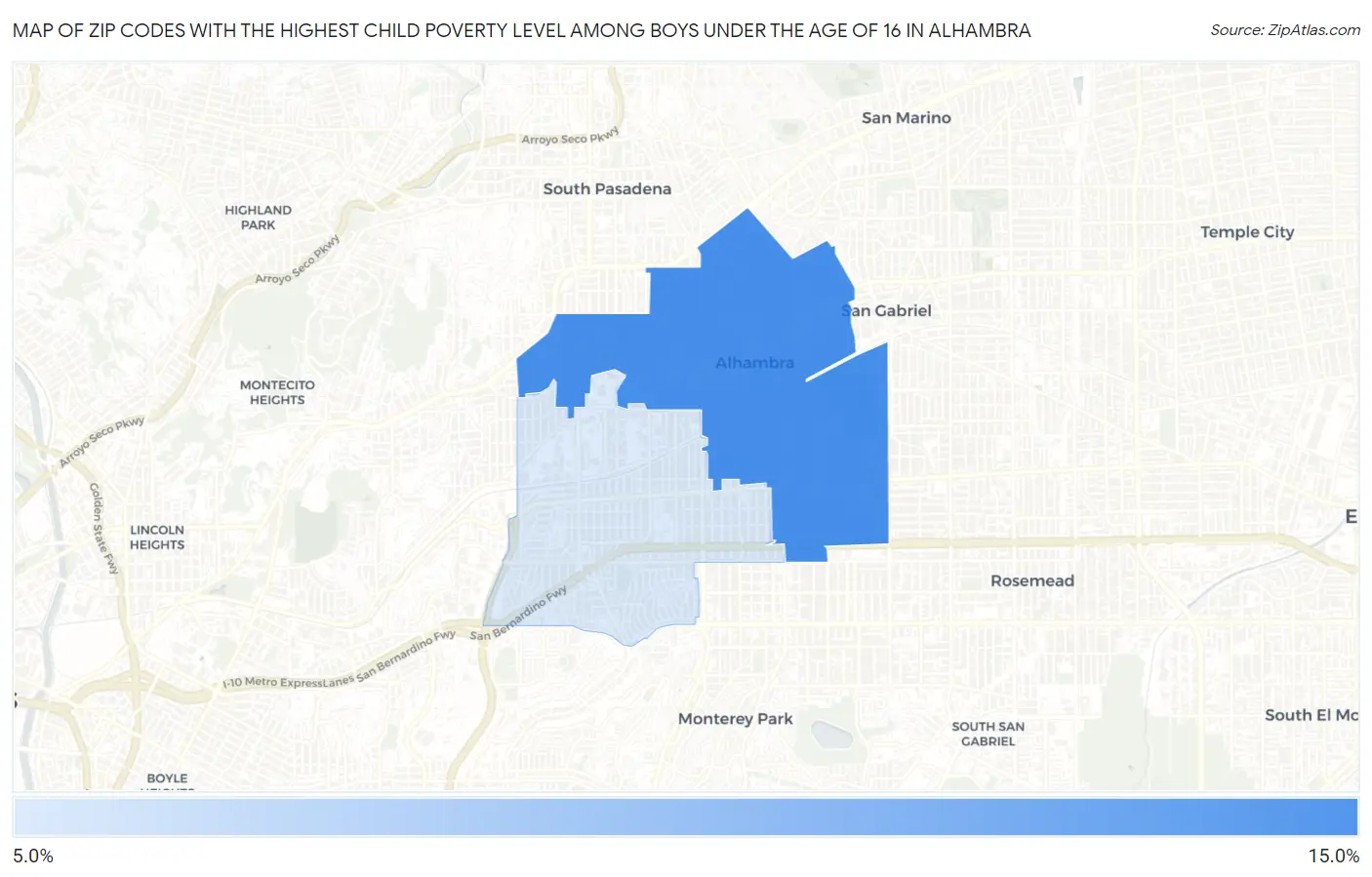 Zip Codes with the Highest Child Poverty Level Among Boys Under the Age of 16 in Alhambra Map