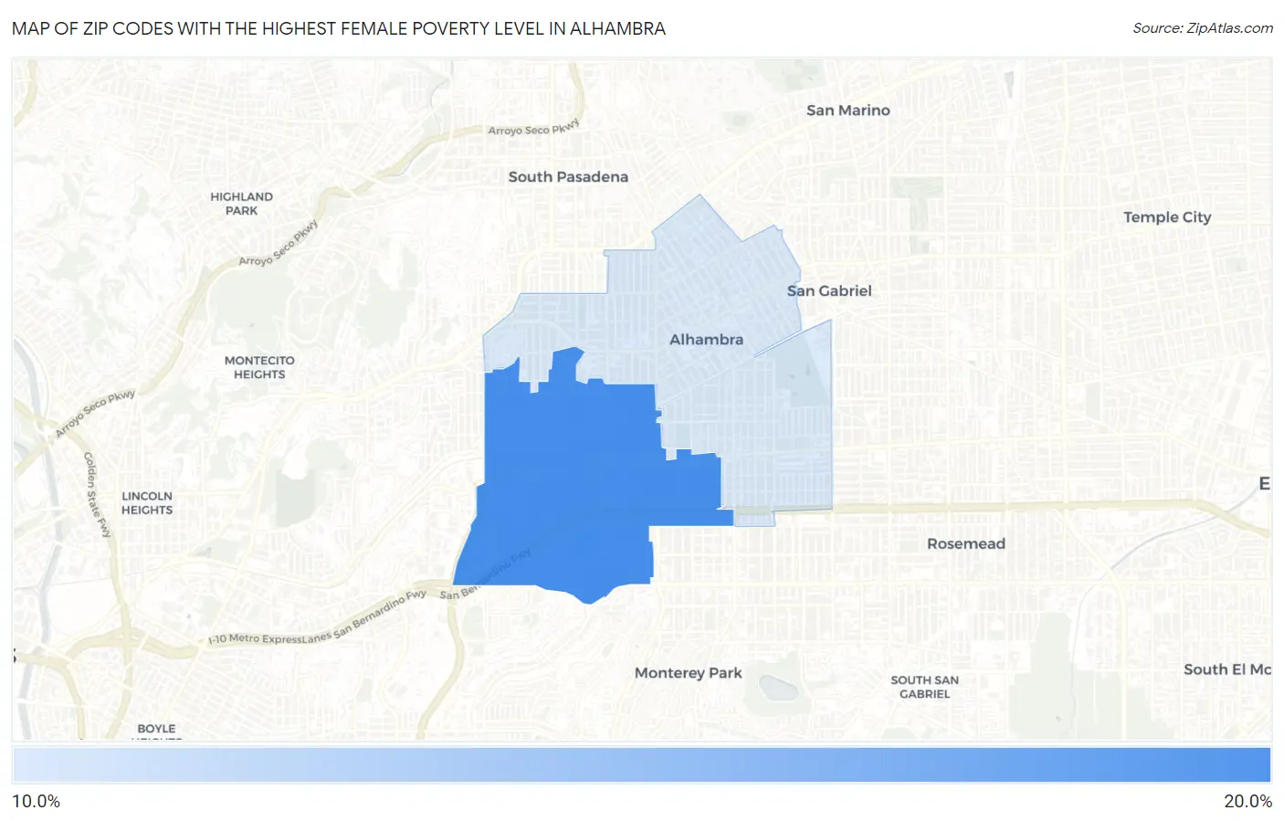 Zip Codes with the Highest Female Poverty Level in Alhambra Map