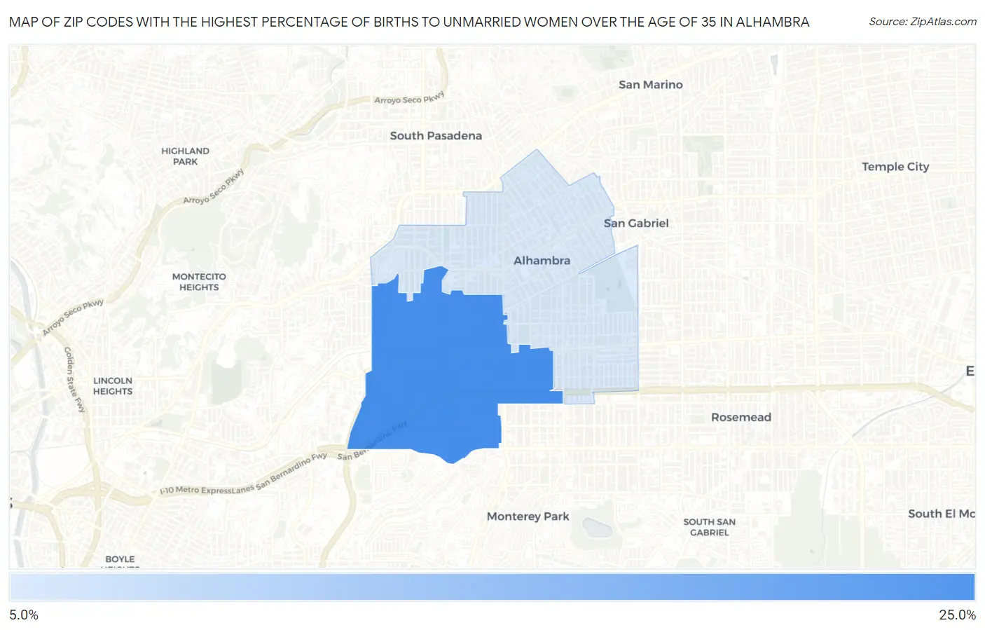 Zip Codes with the Highest Percentage of Births to Unmarried Women over the Age of 35 in Alhambra Map