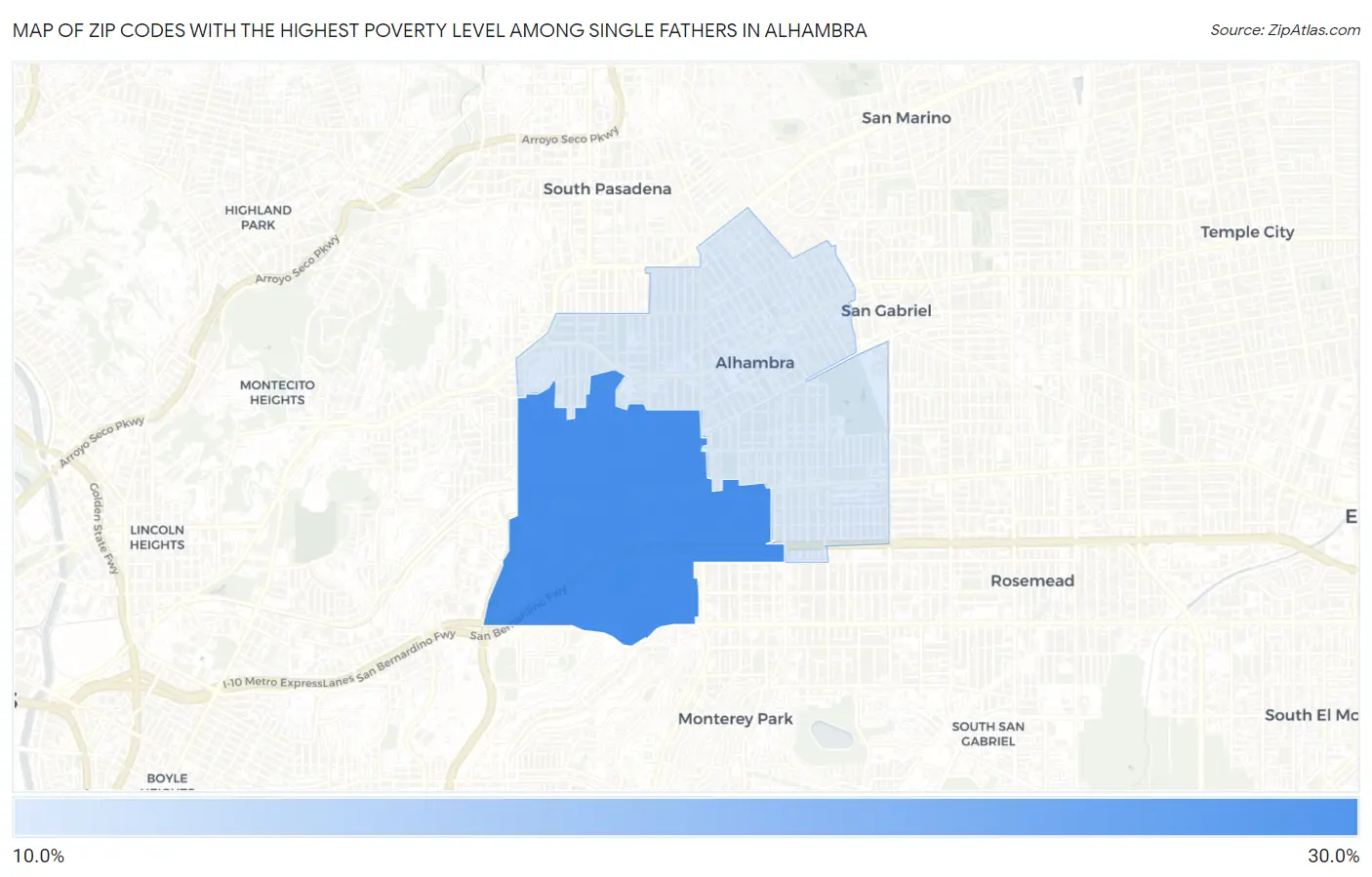 Zip Codes with the Highest Poverty Level Among Single Fathers in Alhambra Map