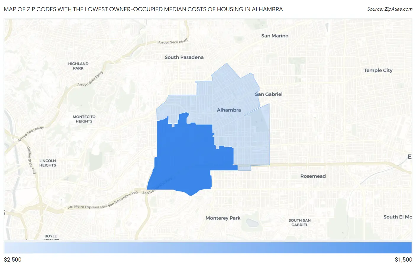 Zip Codes with the Lowest Owner-Occupied Median Costs of Housing in Alhambra Map