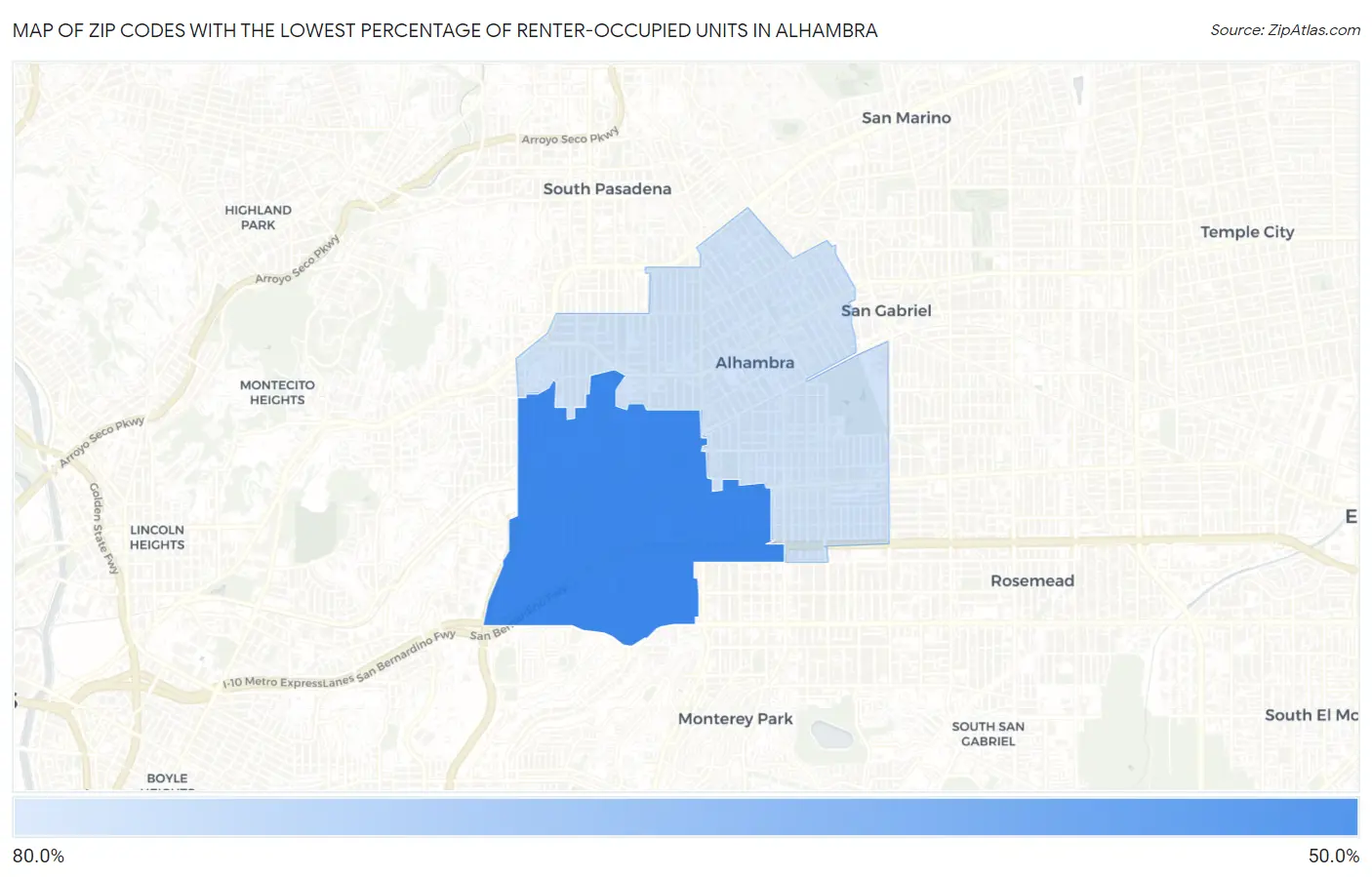 Zip Codes with the Lowest Percentage of Renter-Occupied Units in Alhambra Map