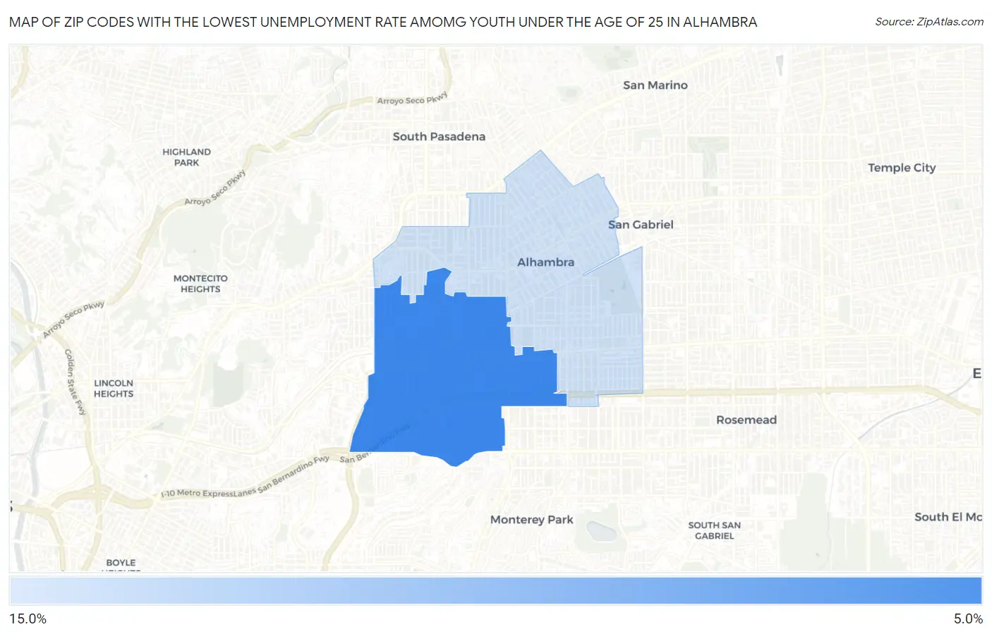 Zip Codes with the Lowest Unemployment Rate Amomg Youth Under the Age of 25 in Alhambra Map