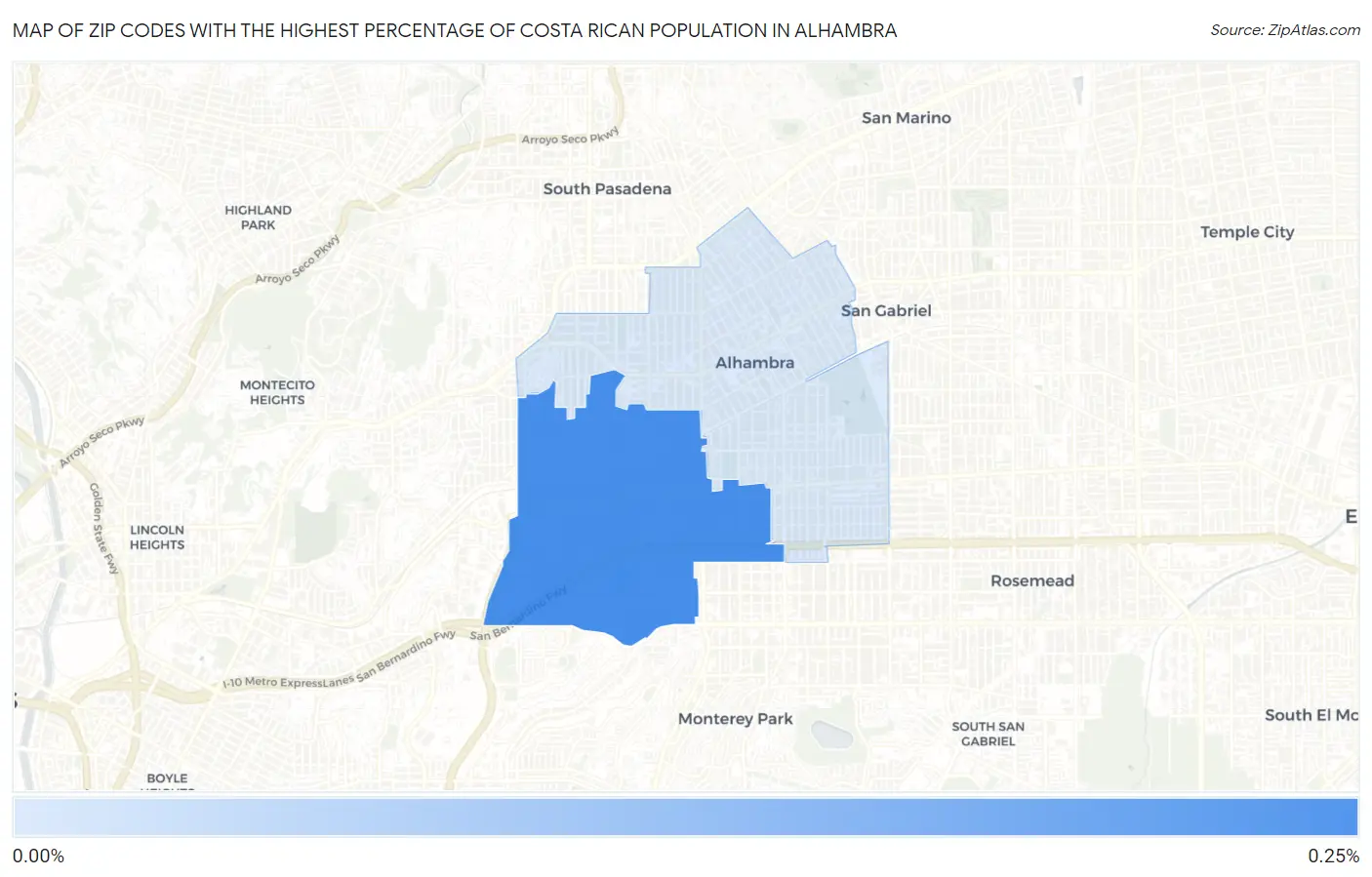 Zip Codes with the Highest Percentage of Costa Rican Population in Alhambra Map
