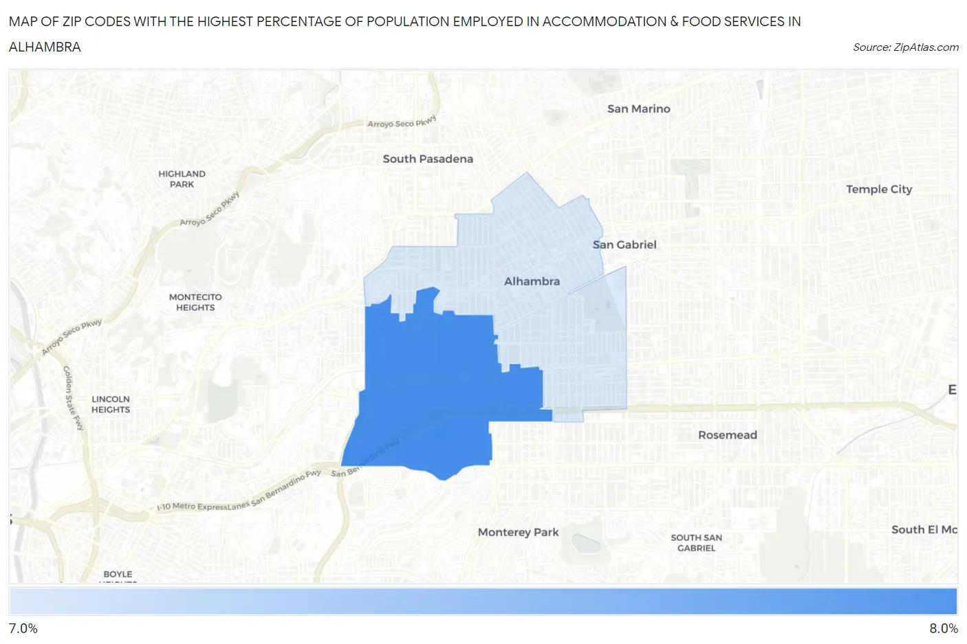 Zip Codes with the Highest Percentage of Population Employed in Accommodation & Food Services in Alhambra Map