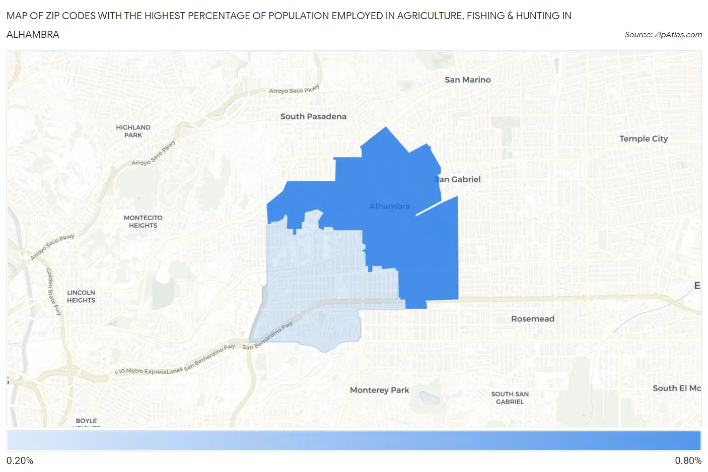 Zip Codes with the Highest Percentage of Population Employed in Agriculture, Fishing & Hunting in Alhambra Map