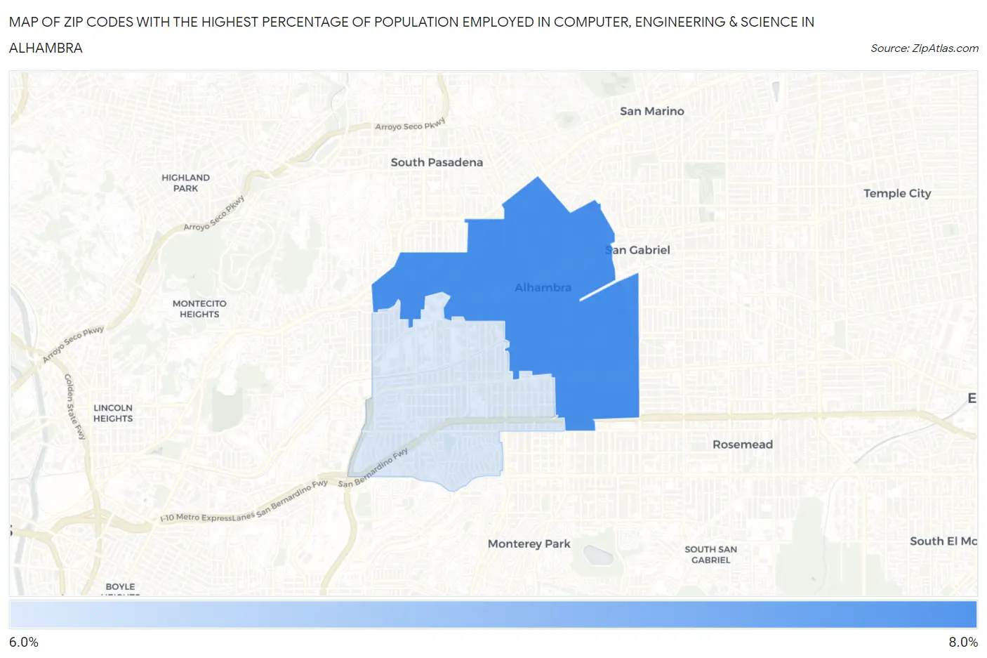 Zip Codes with the Highest Percentage of Population Employed in Computer, Engineering & Science in Alhambra Map