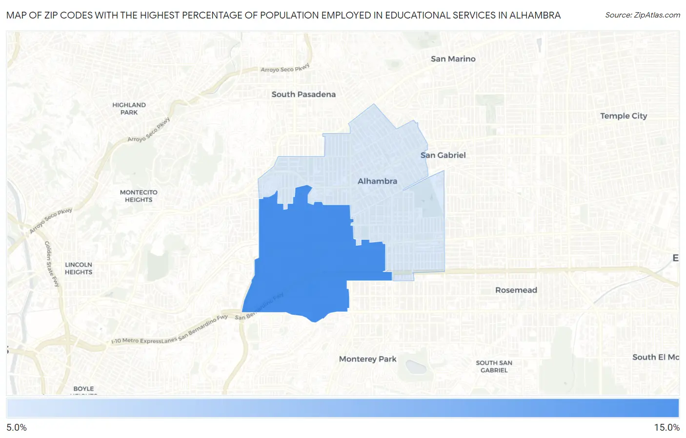Zip Codes with the Highest Percentage of Population Employed in Educational Services in Alhambra Map