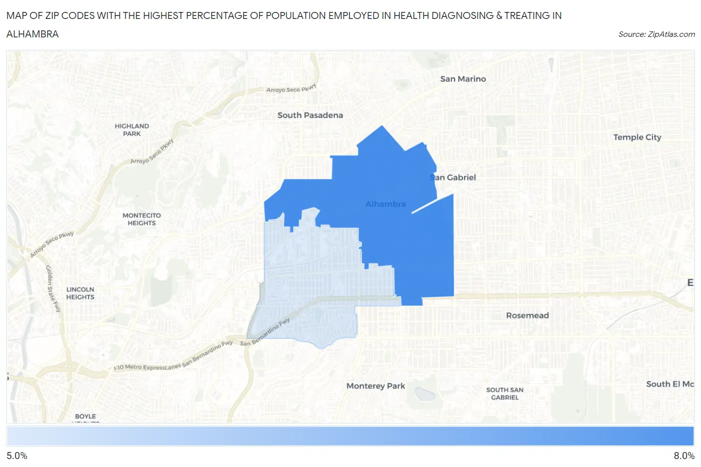 Zip Codes with the Highest Percentage of Population Employed in Health Diagnosing & Treating in Alhambra Map