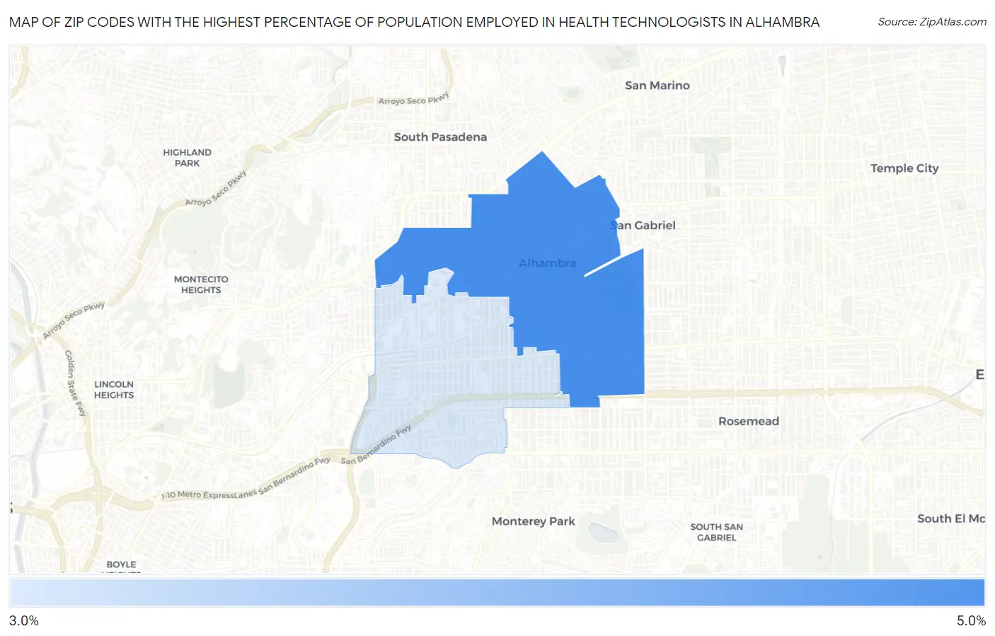 Zip Codes with the Highest Percentage of Population Employed in Health Technologists in Alhambra Map