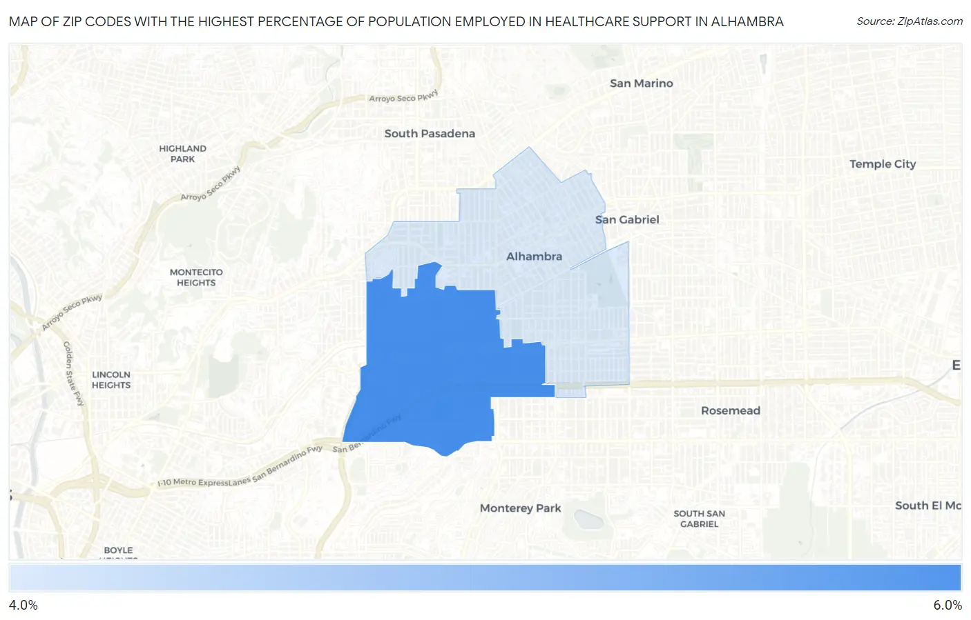 Zip Codes with the Highest Percentage of Population Employed in Healthcare Support in Alhambra Map