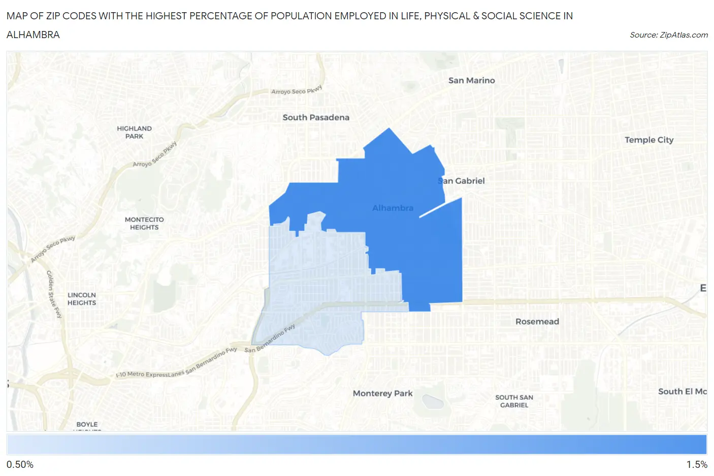 Zip Codes with the Highest Percentage of Population Employed in Life, Physical & Social Science in Alhambra Map