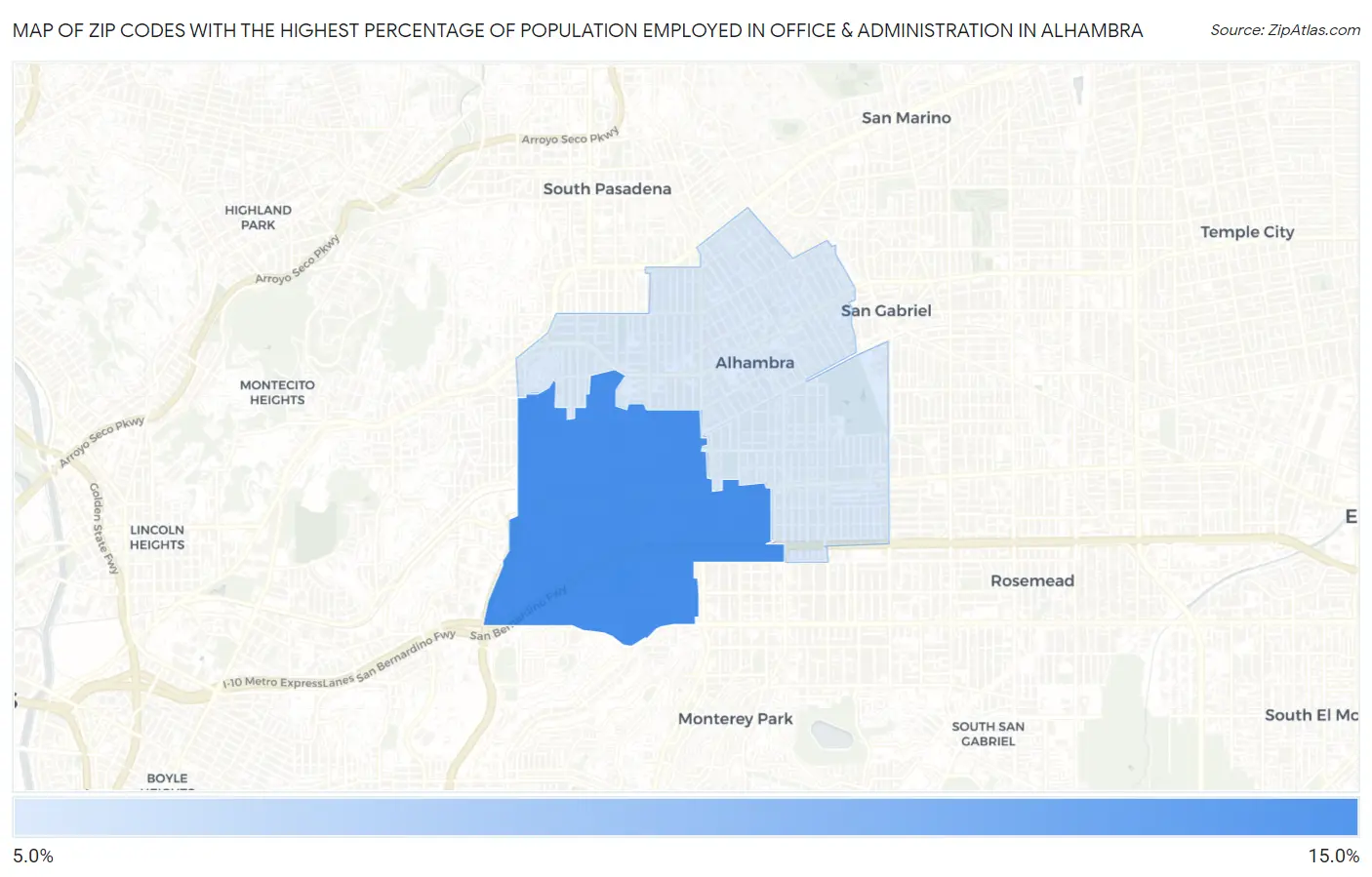 Zip Codes with the Highest Percentage of Population Employed in Office & Administration in Alhambra Map