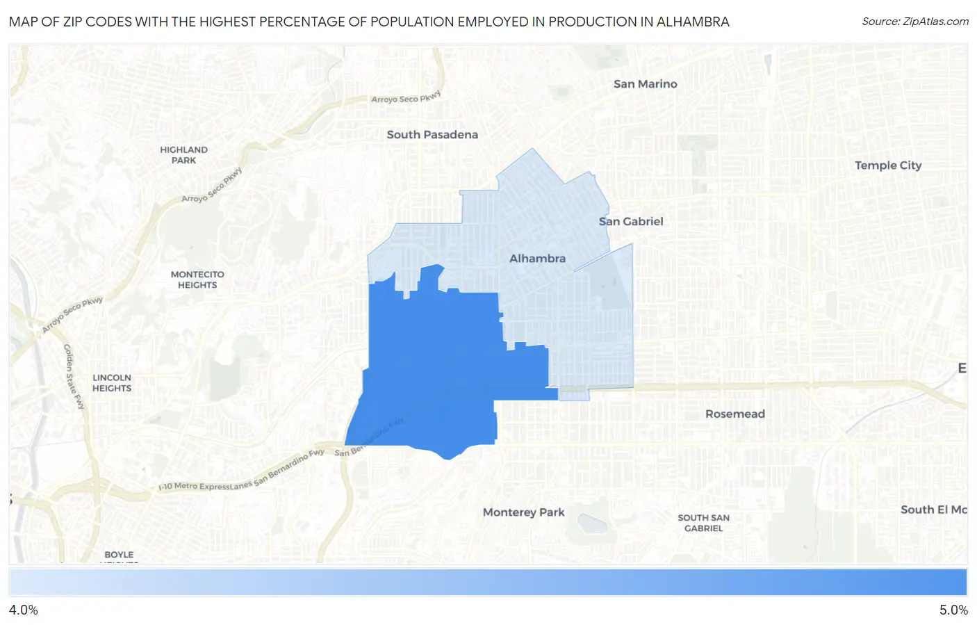Zip Codes with the Highest Percentage of Population Employed in Production in Alhambra Map