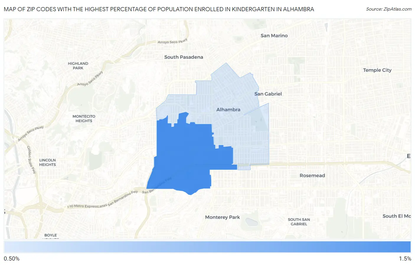 Zip Codes with the Highest Percentage of Population Enrolled in Kindergarten in Alhambra Map