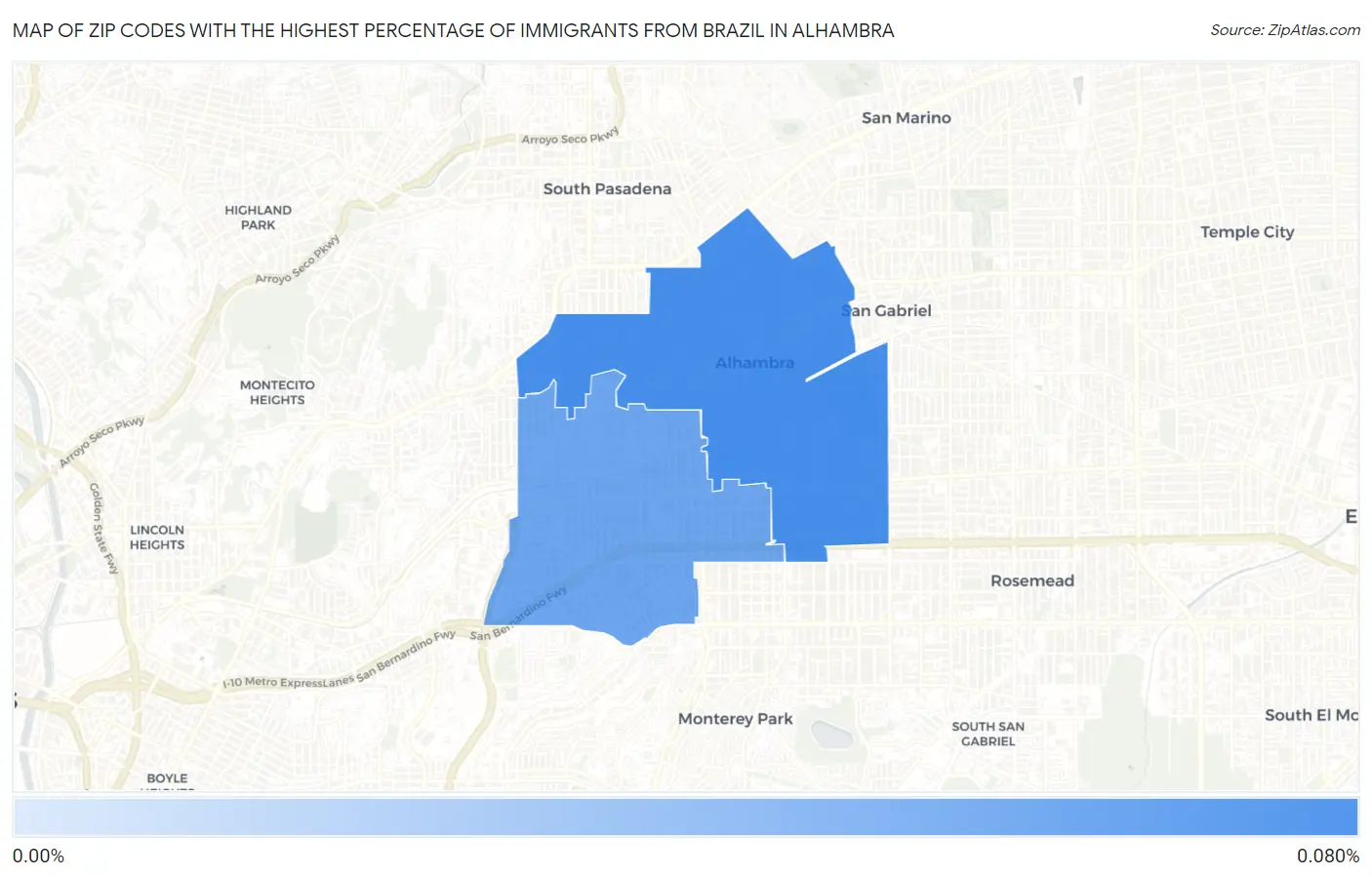 Zip Codes with the Highest Percentage of Immigrants from Brazil in Alhambra Map