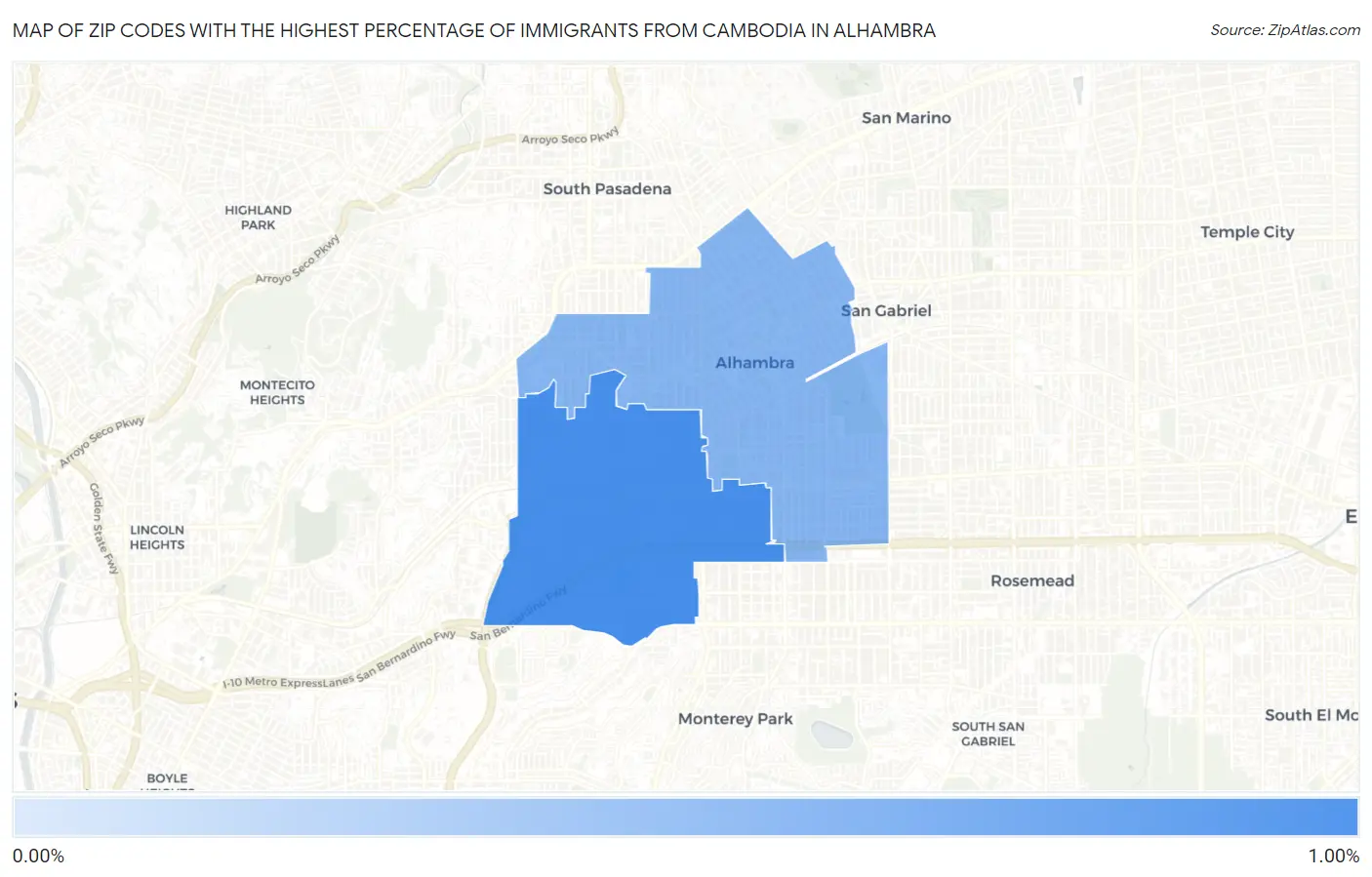 Zip Codes with the Highest Percentage of Immigrants from Cambodia in Alhambra Map