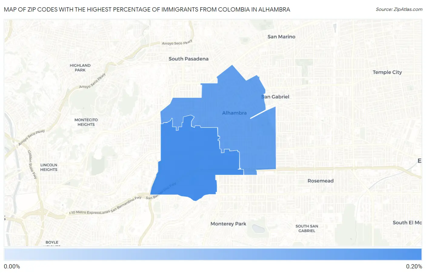 Zip Codes with the Highest Percentage of Immigrants from Colombia in Alhambra Map