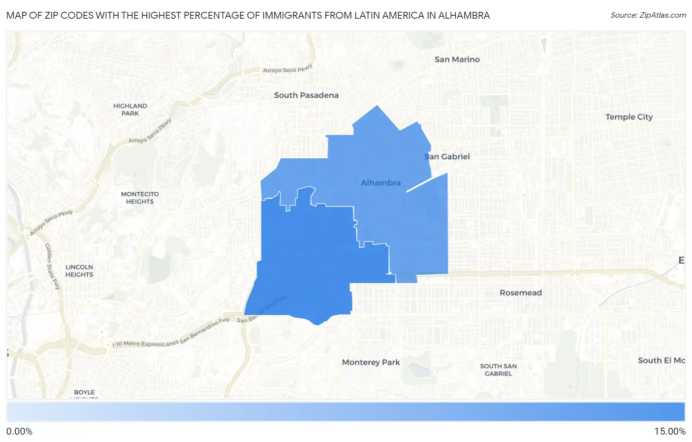 Zip Codes with the Highest Percentage of Immigrants from Latin America in Alhambra Map