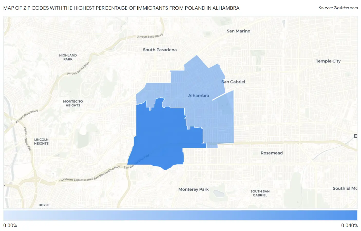 Zip Codes with the Highest Percentage of Immigrants from Poland in Alhambra Map