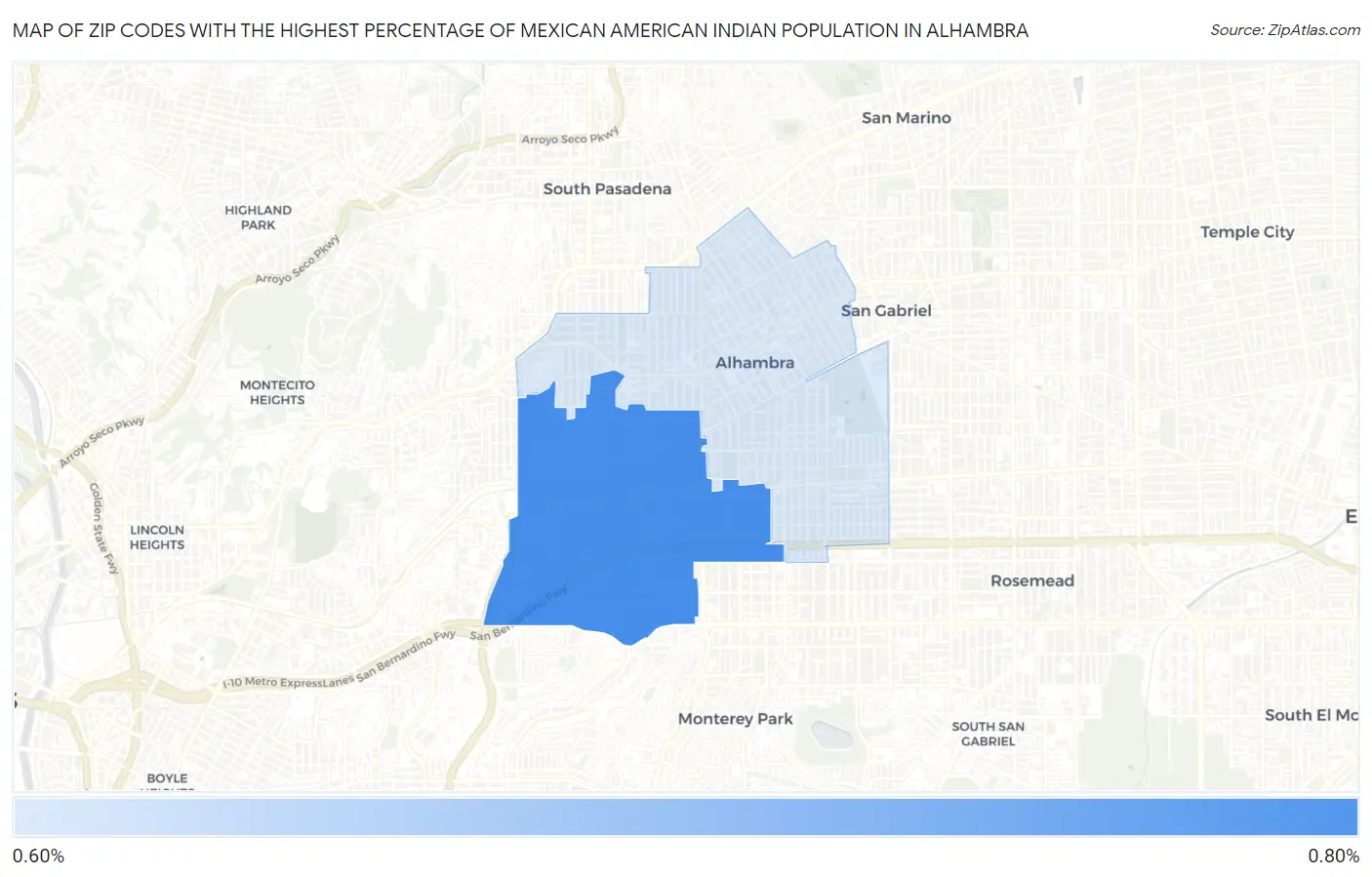Zip Codes with the Highest Percentage of Mexican American Indian Population in Alhambra Map