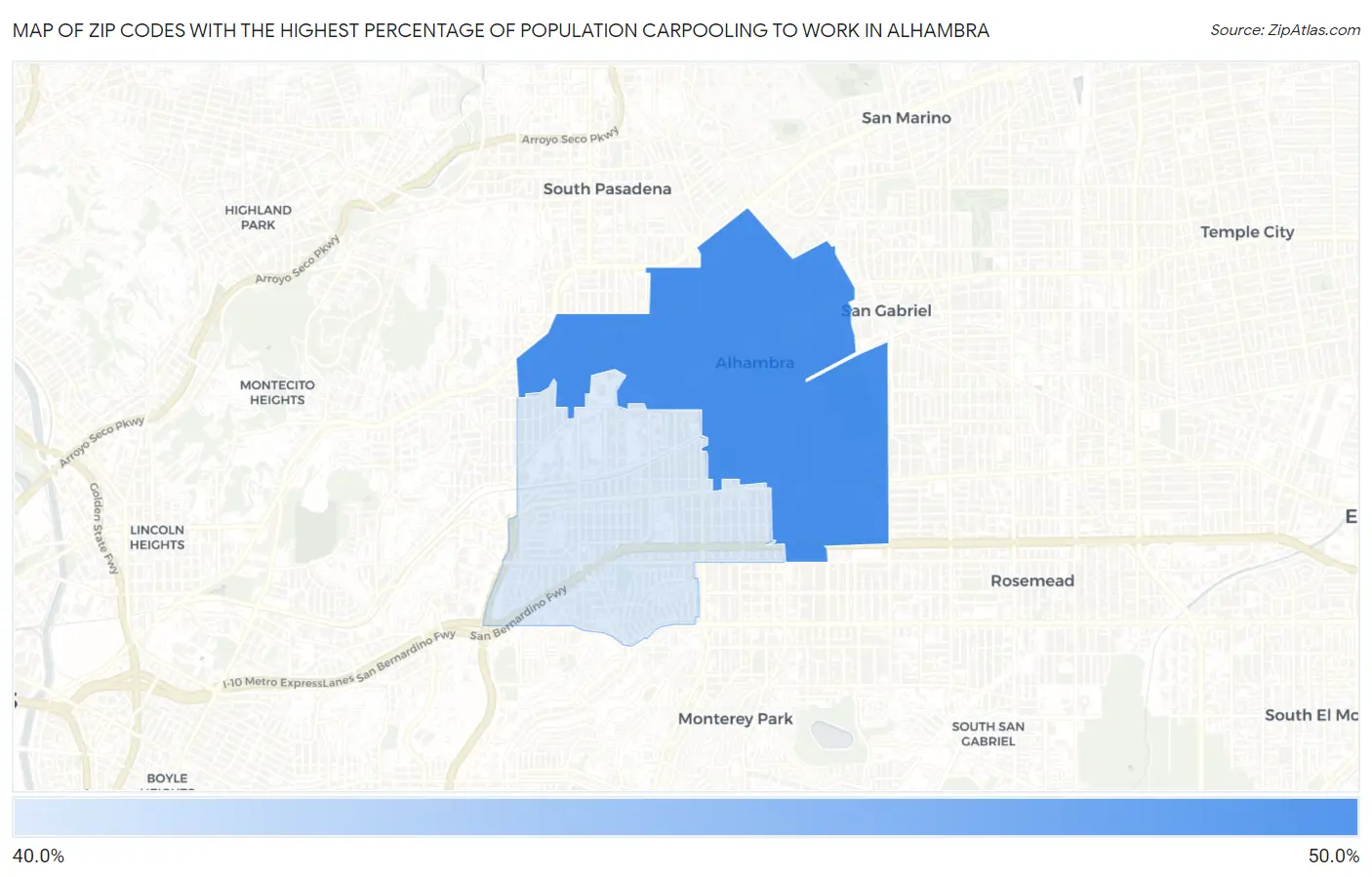 Zip Codes with the Highest Percentage of Population Carpooling to Work in Alhambra Map