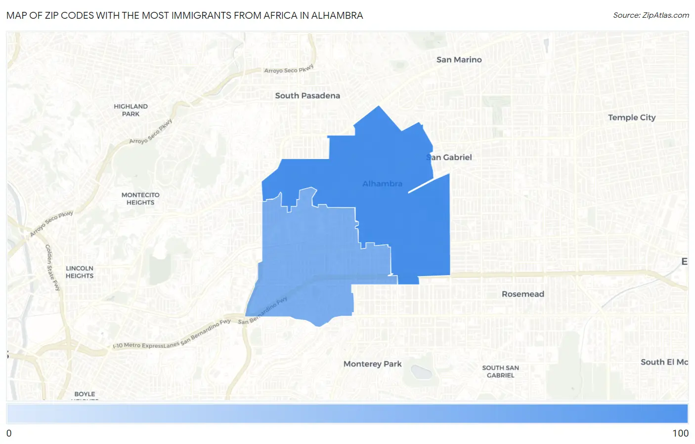 Zip Codes with the Most Immigrants from Africa in Alhambra Map