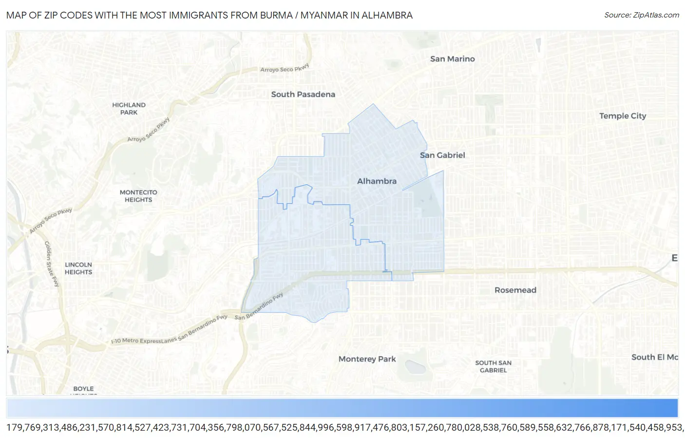 Zip Codes with the Most Immigrants from Burma / Myanmar in Alhambra Map