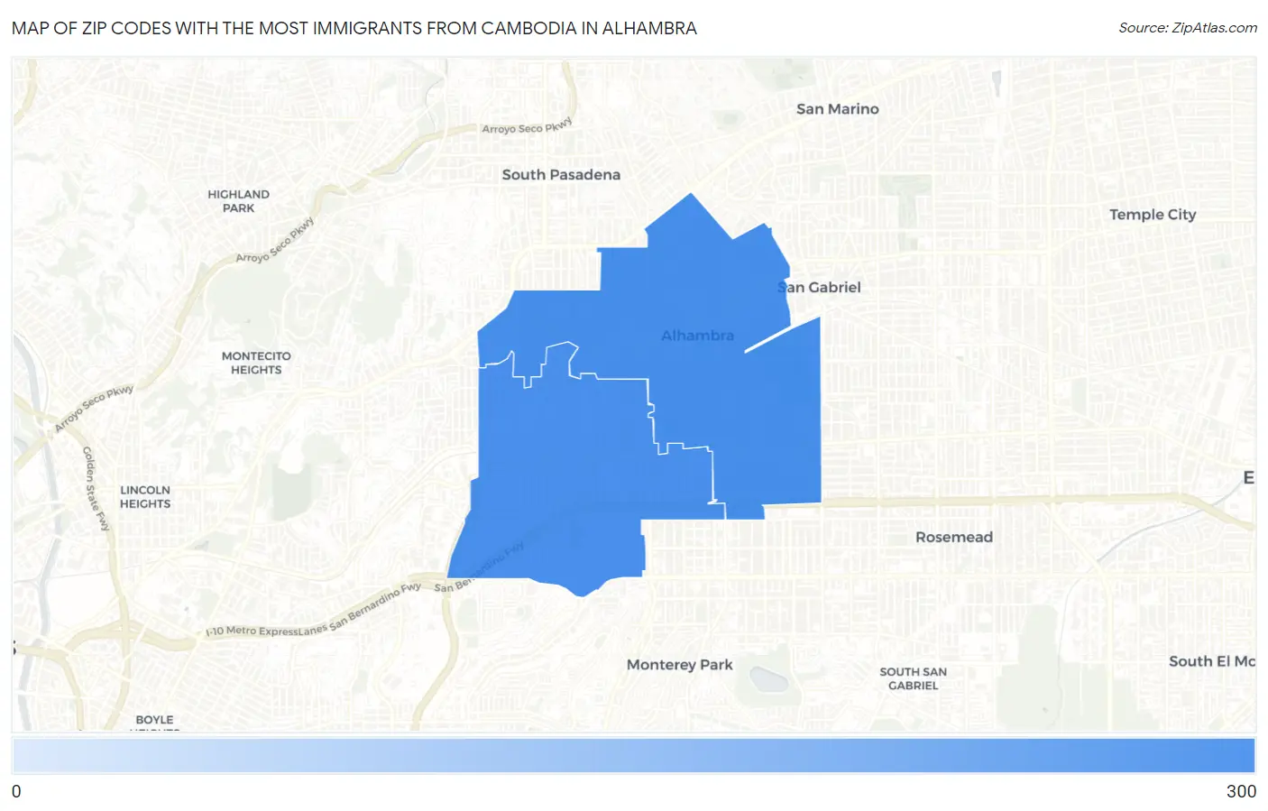 Zip Codes with the Most Immigrants from Cambodia in Alhambra Map
