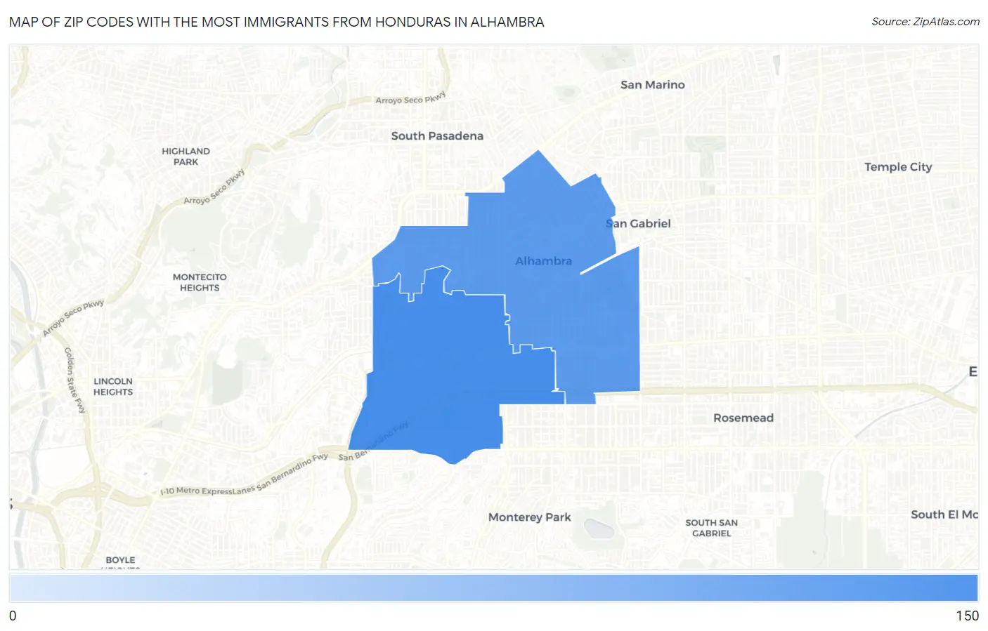 Zip Codes with the Most Immigrants from Honduras in Alhambra Map