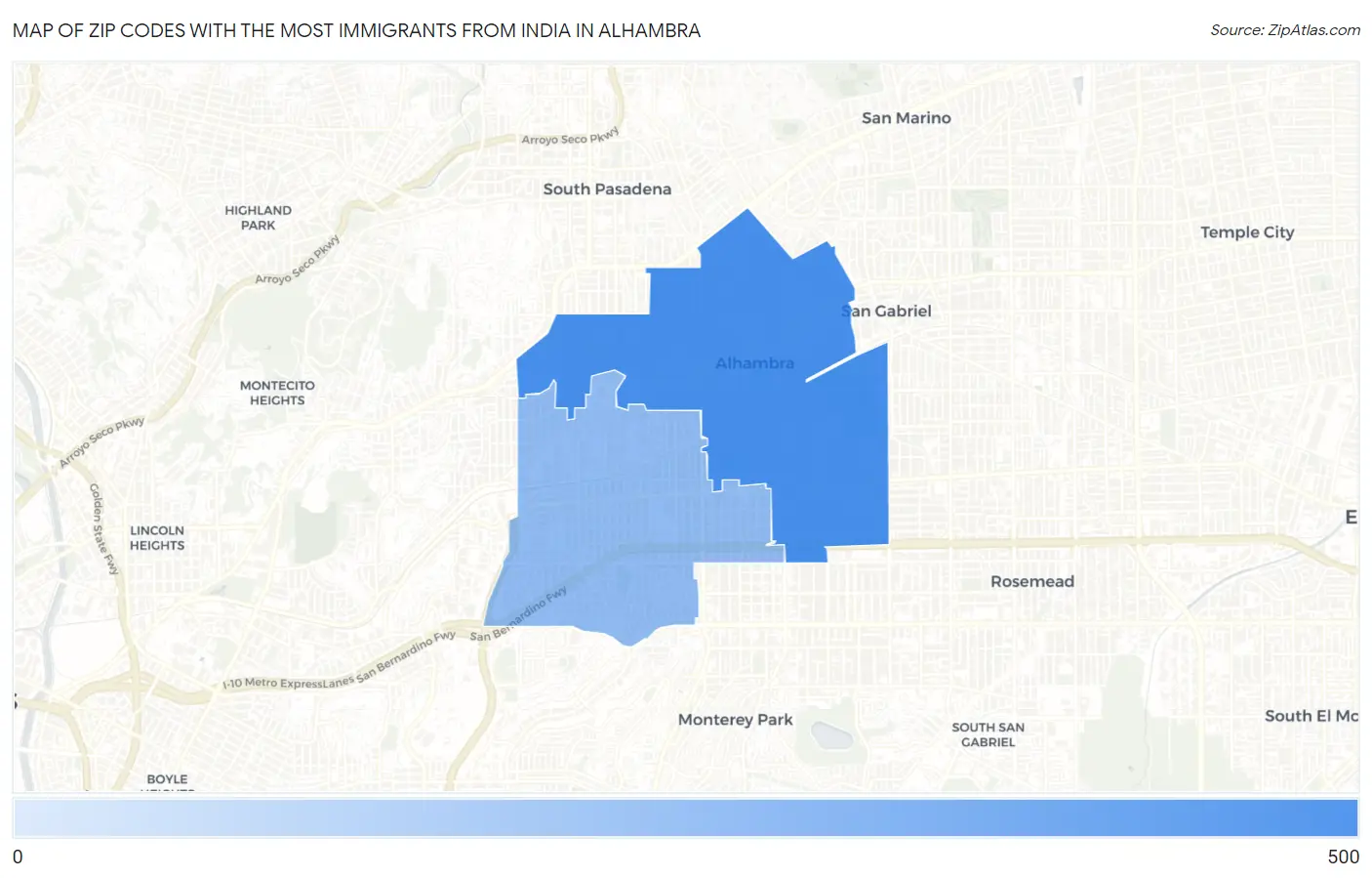 Zip Codes with the Most Immigrants from India in Alhambra Map