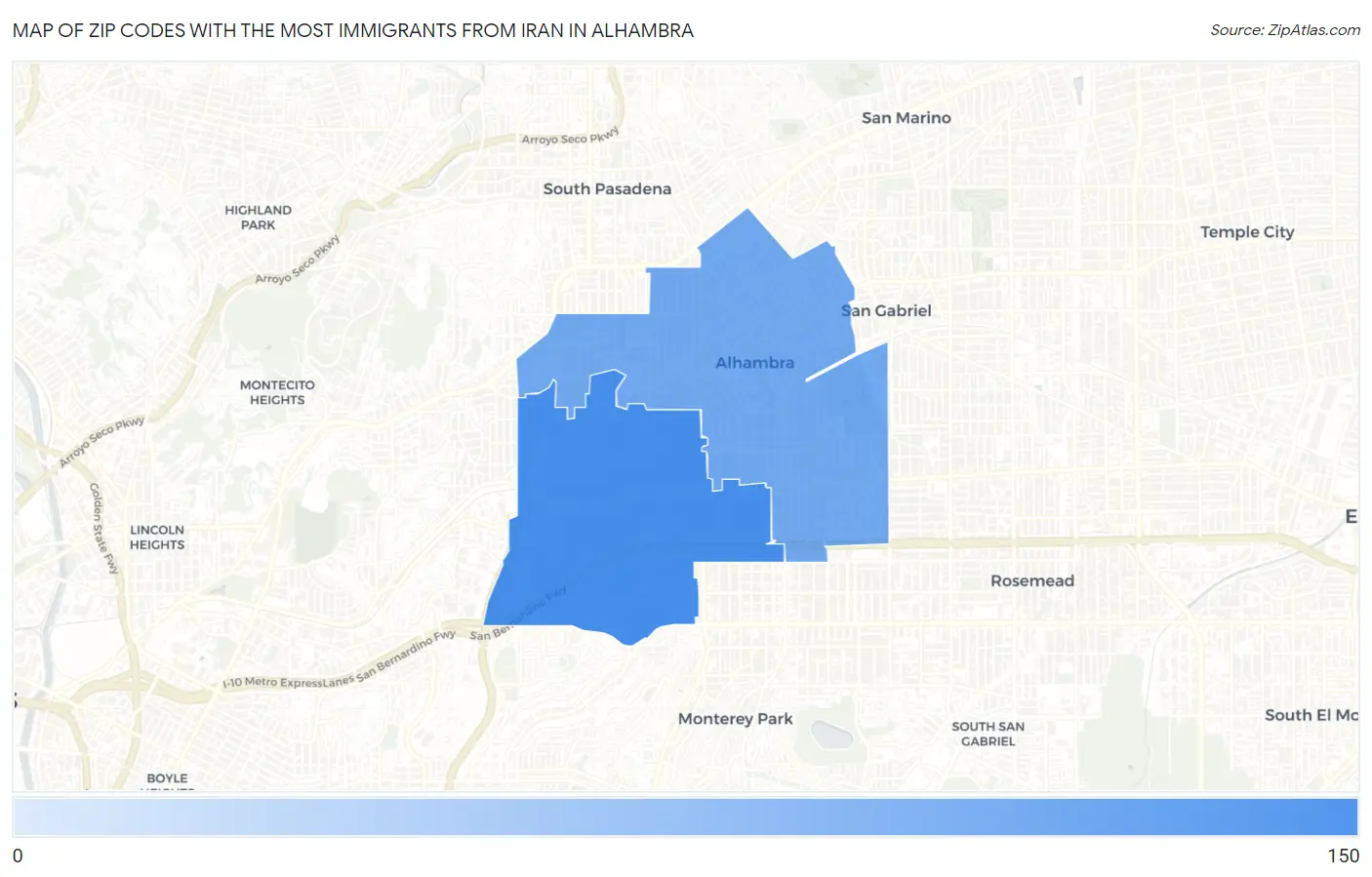 Zip Codes with the Most Immigrants from Iran in Alhambra Map