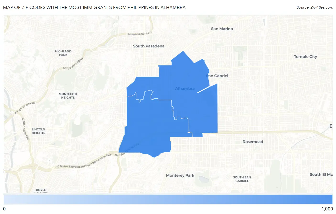 Zip Codes with the Most Immigrants from Philippines in Alhambra Map