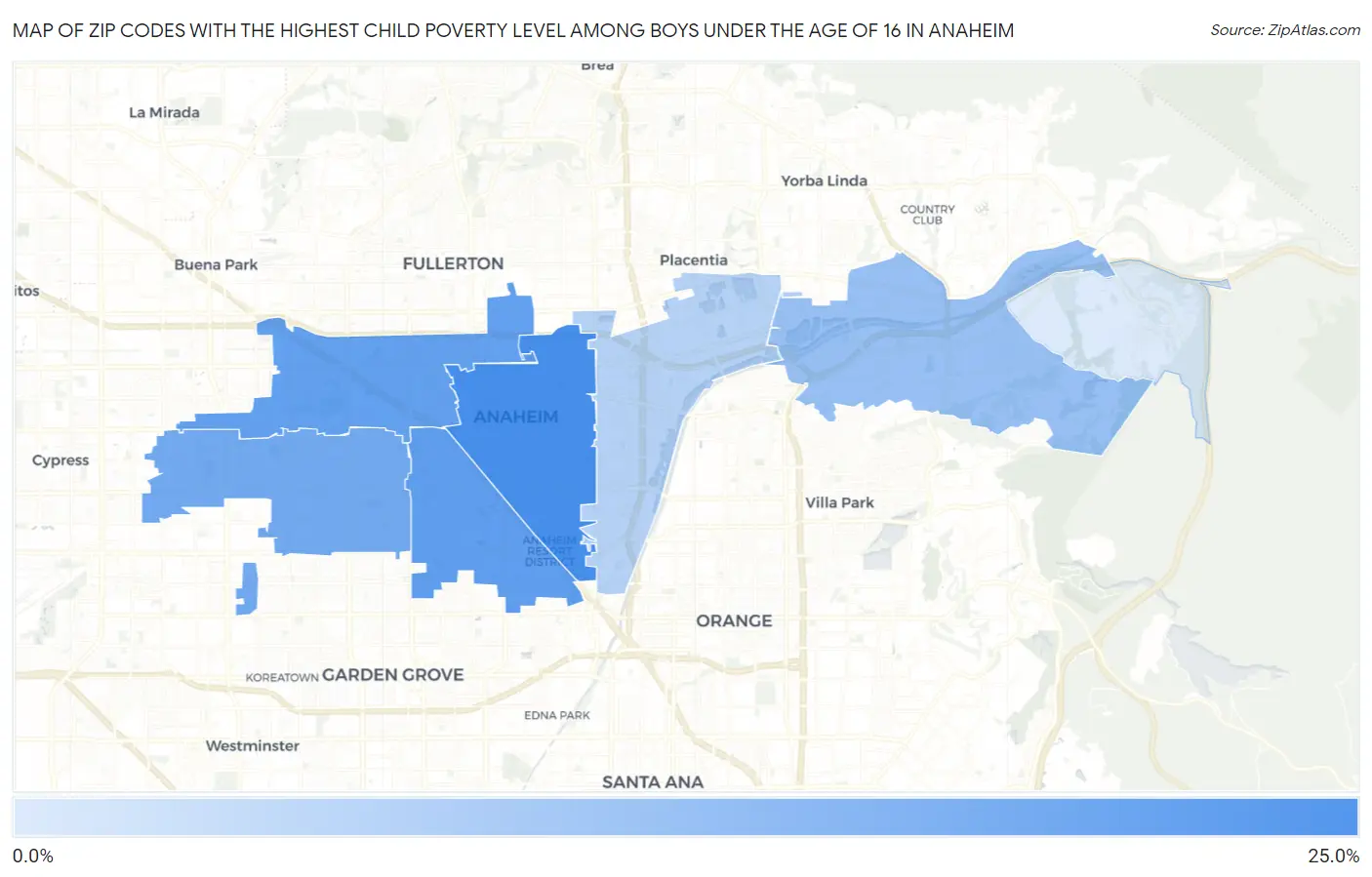 Zip Codes with the Highest Child Poverty Level Among Boys Under the Age of 16 in Anaheim Map