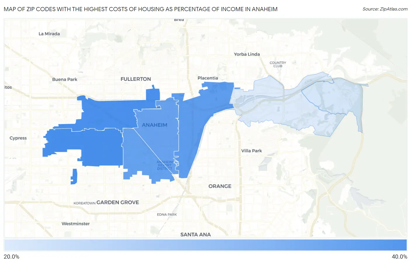 Zip Codes with the Highest Costs of Housing as Percentage of Income in Anaheim Map
