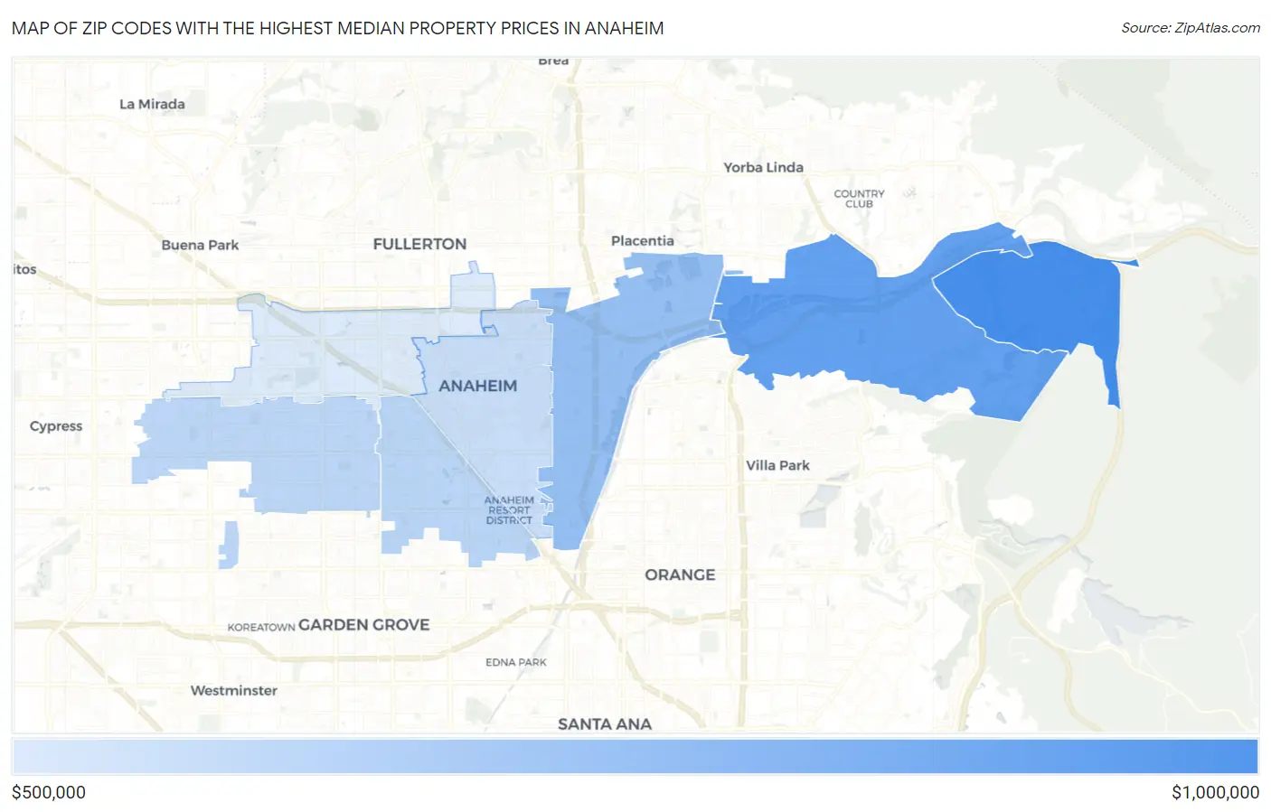 Zip Codes with the Highest Median Property Prices in Anaheim Map