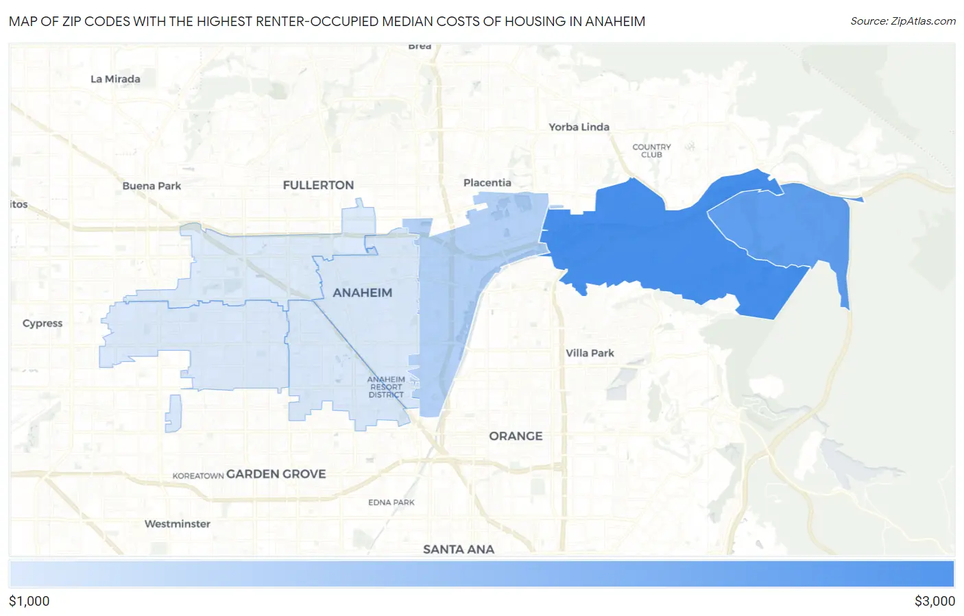 Zip Codes with the Highest Renter-Occupied Median Costs of Housing in Anaheim Map