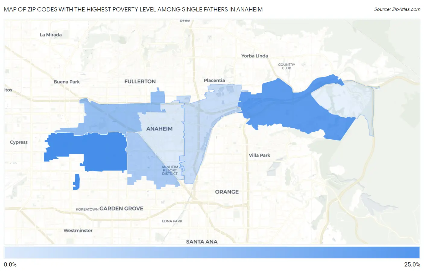 Zip Codes with the Highest Poverty Level Among Single Fathers in Anaheim Map