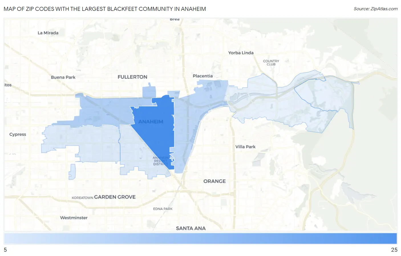 Zip Codes with the Largest Blackfeet Community in Anaheim Map