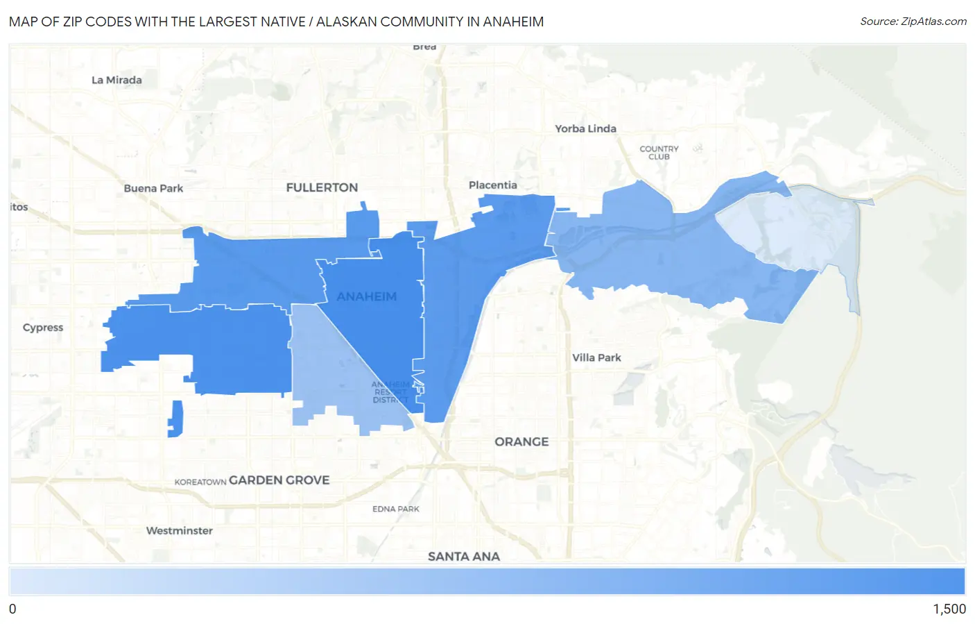 Zip Codes with the Largest Native / Alaskan Community in Anaheim Map