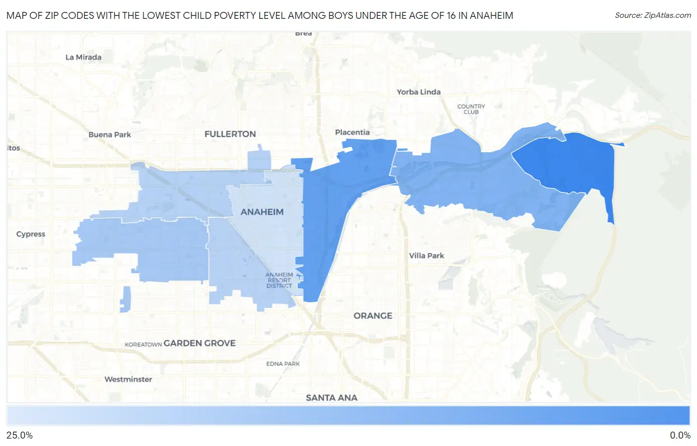 Zip Codes with the Lowest Child Poverty Level Among Boys Under the Age of 16 in Anaheim Map