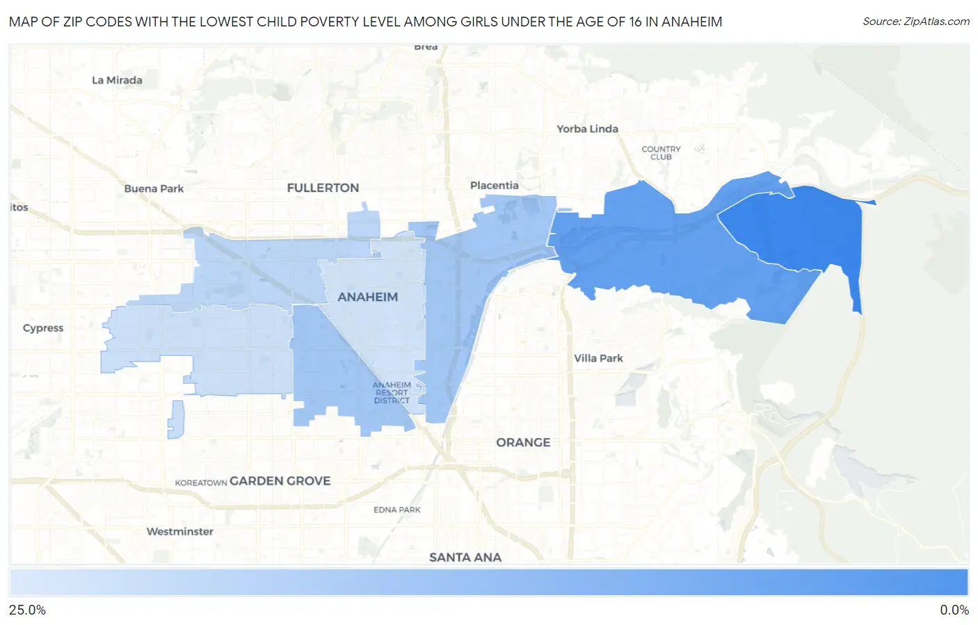 Zip Codes with the Lowest Child Poverty Level Among Girls Under the Age of 16 in Anaheim Map