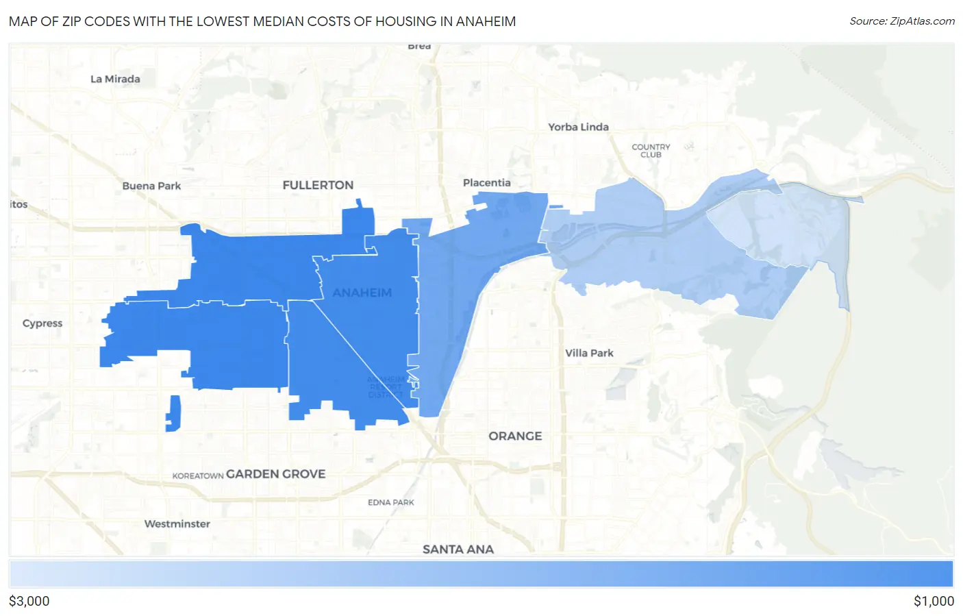 Zip Codes with the Lowest Median Costs of Housing in Anaheim Map