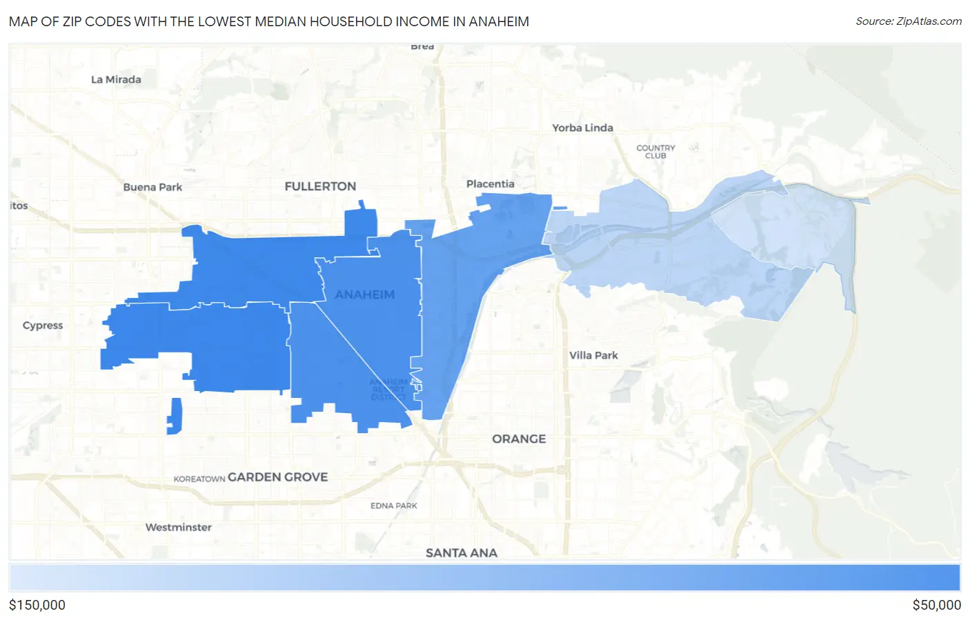 Zip Codes with the Lowest Median Household Income in Anaheim Map